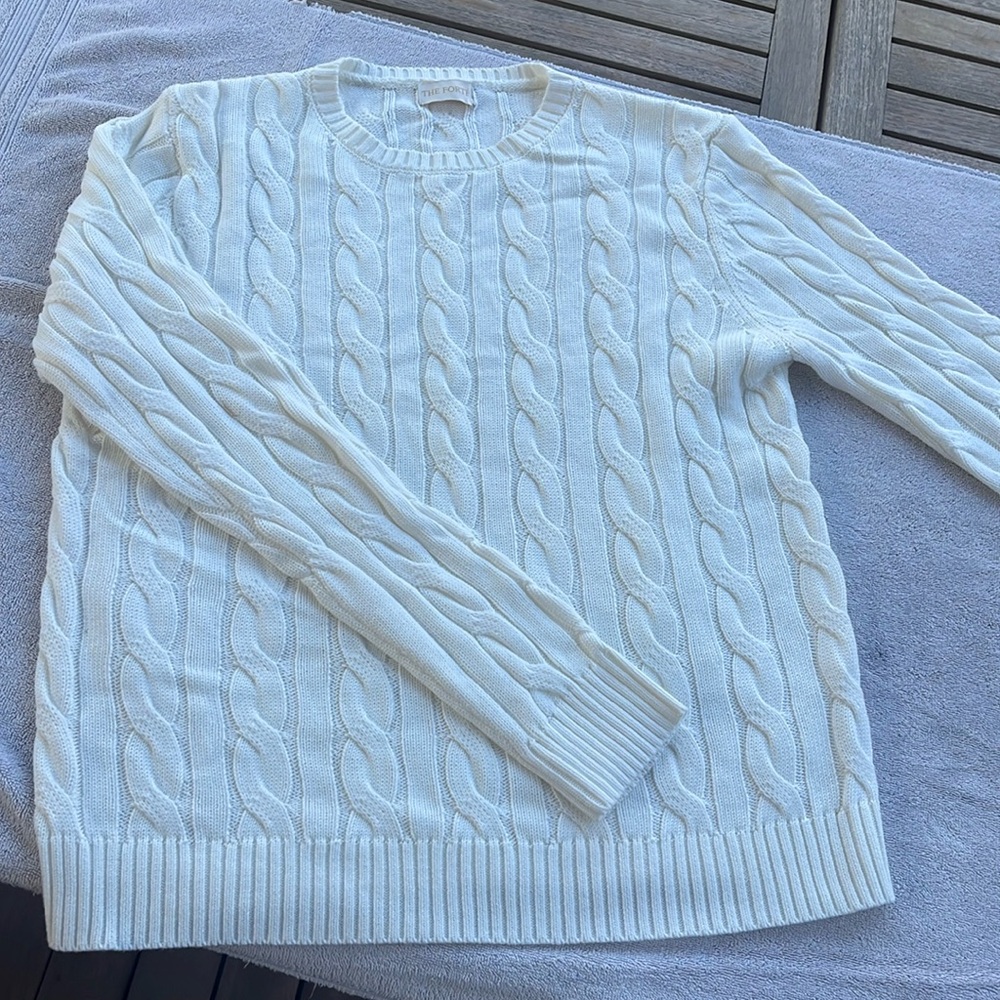 Men’s white cable crewneck sweater, new designer The Forte!!! Size large.